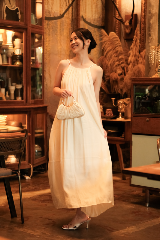 Solène Draped Back Maxi Dress in Beige