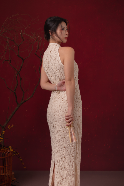 Camellia Lace Cheongsam Dress in Champagne