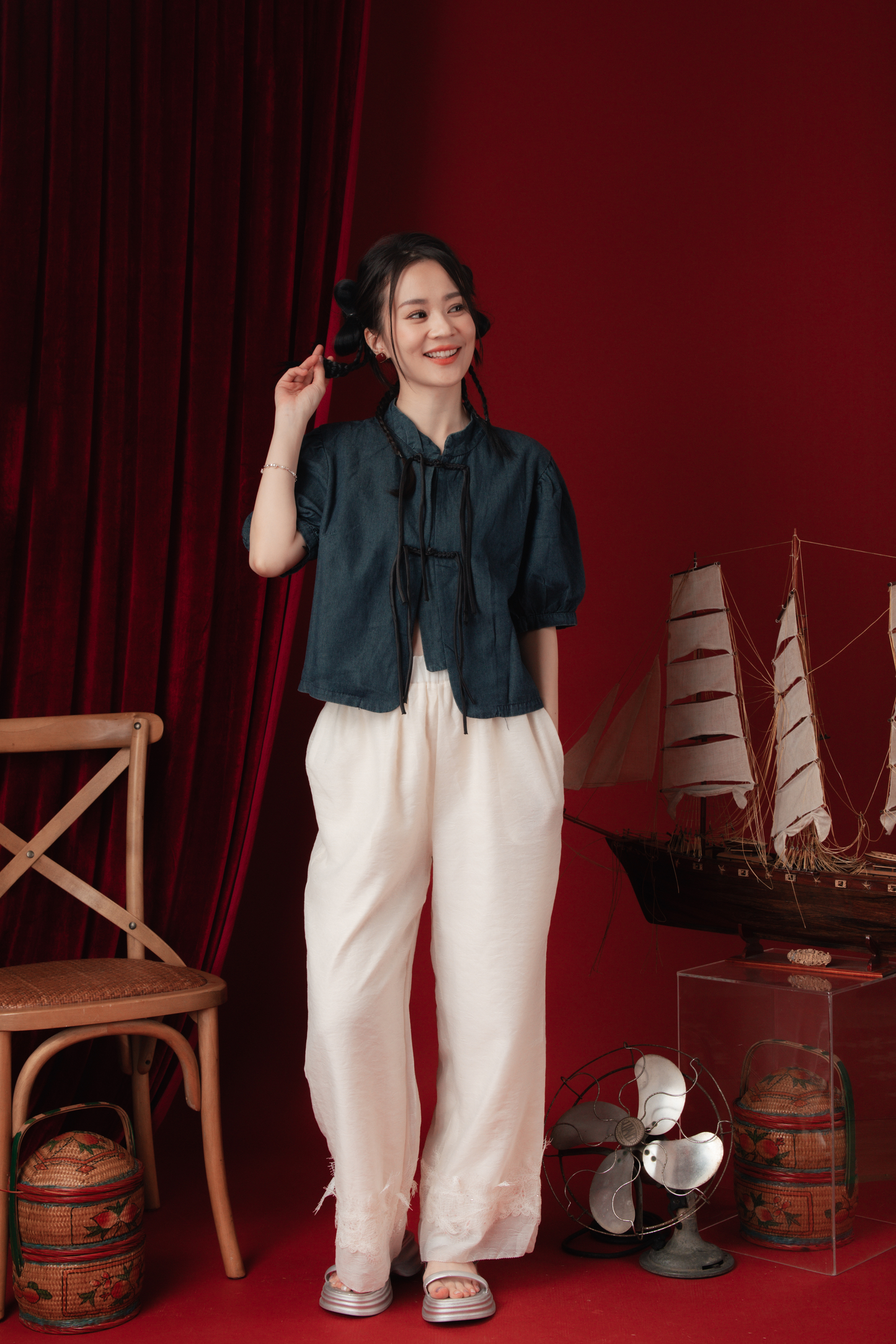 Luna Lace-Hem Embroidered Wide-Leg Pants (In-Stock)