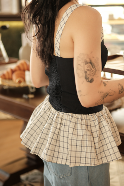 Clémence Checked Peplum Corset Top in Blue