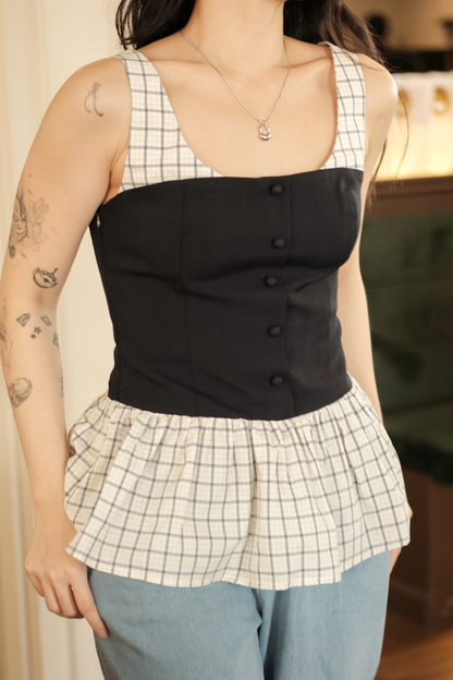 Clémence Checked Peplum Corset Top in Blue