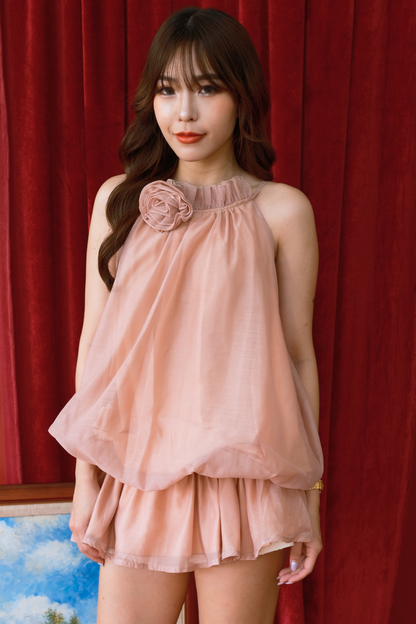 Blush Petal Ruched Halter Mini Dress