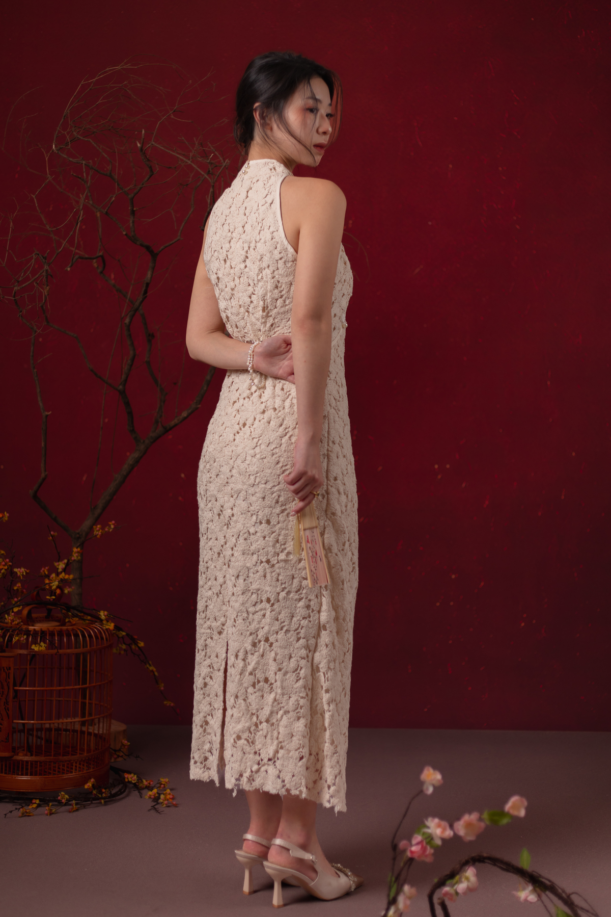 Camellia Lace Cheongsam Dress in Champagne