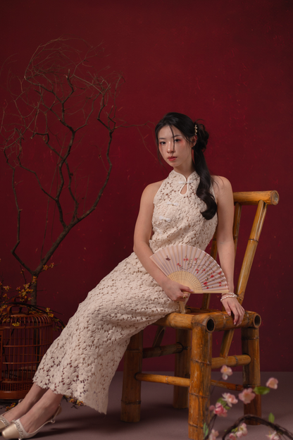 Camellia Lace Cheongsam Dress in Champagne