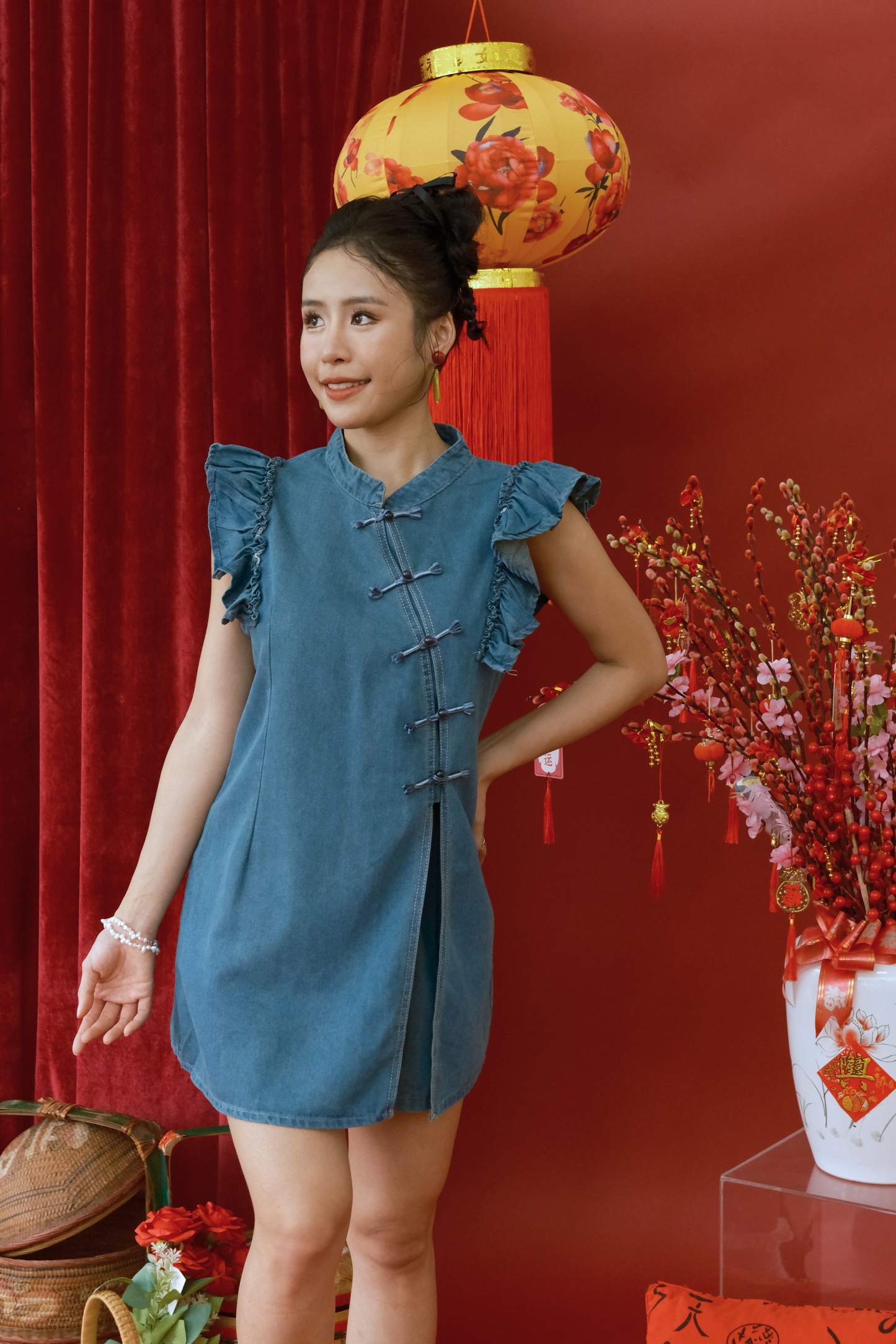 Aveline Ruffled Denim Cheongsam Set (In-Stock)