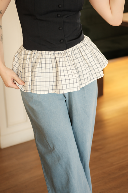 Clémence Checked Peplum Corset Top in Blue