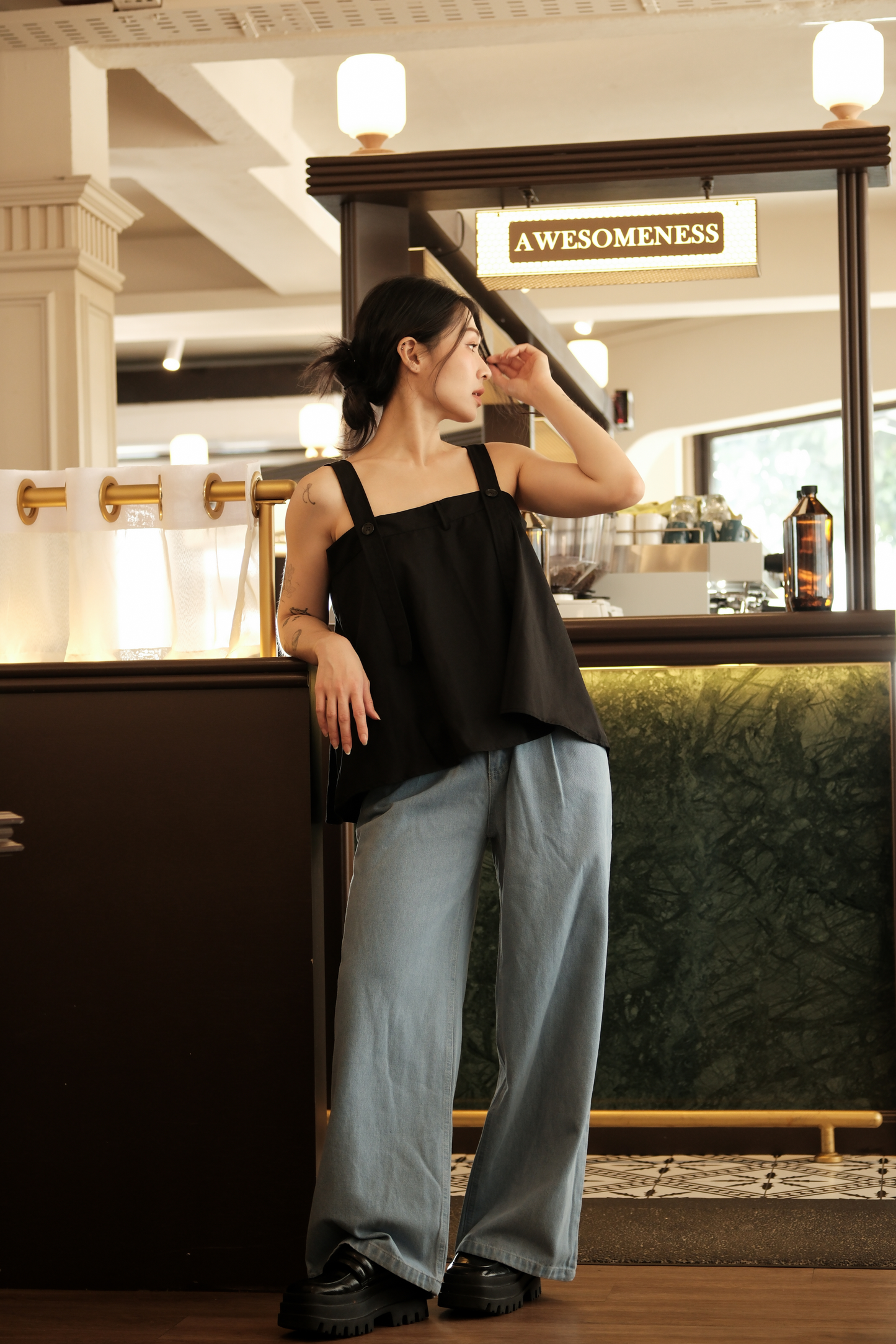 Sabine Button-Front Swing Cami Top in Black