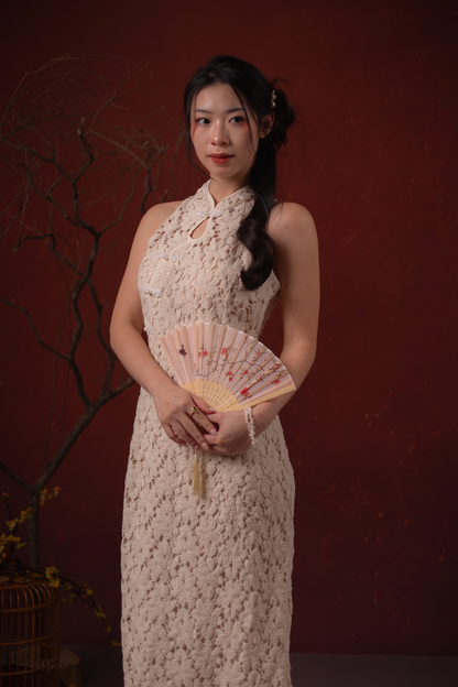 Camellia Lace Cheongsam Dress in Champagne