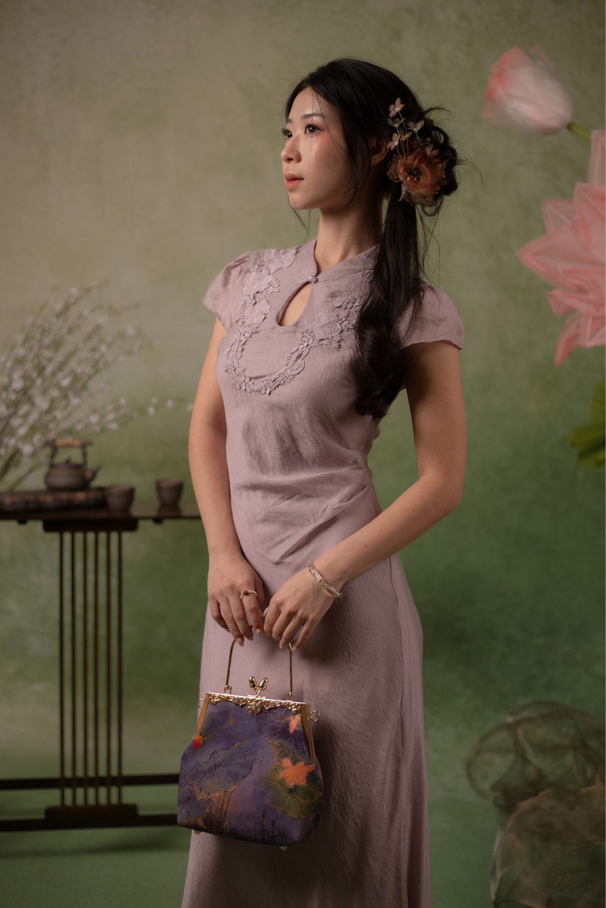 Serene Bloom Cheongsam Dress in Dusty Mauve