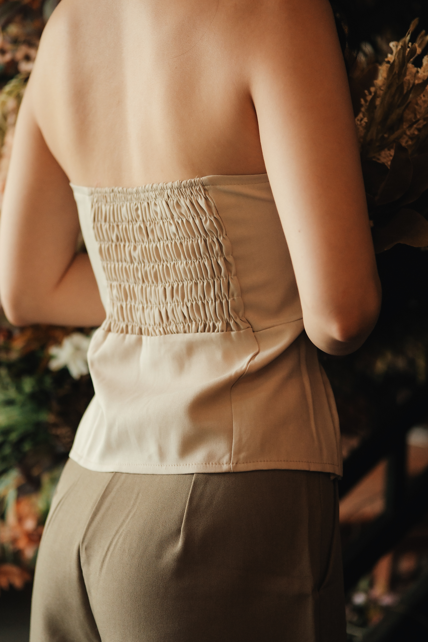 Isaline Ruched Back Tube Blouse in Beige