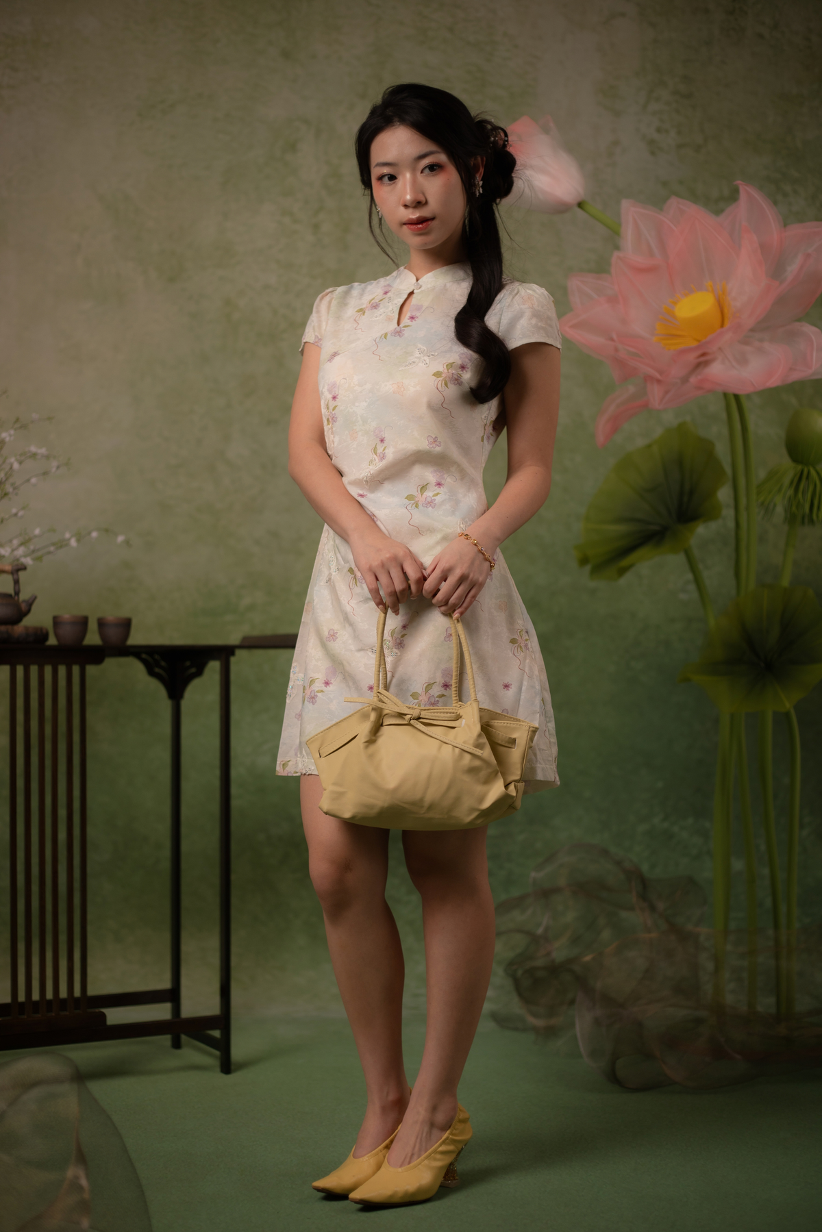 Orchid Butterfly Cheongsam Dress in Pale Champagne