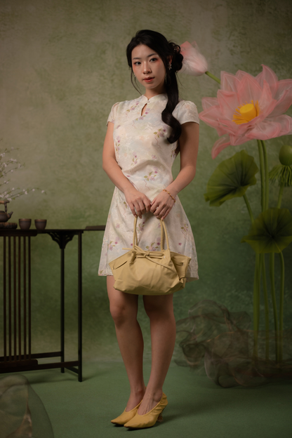 Orchid Butterfly Cheongsam Dress in Pale Champagne
