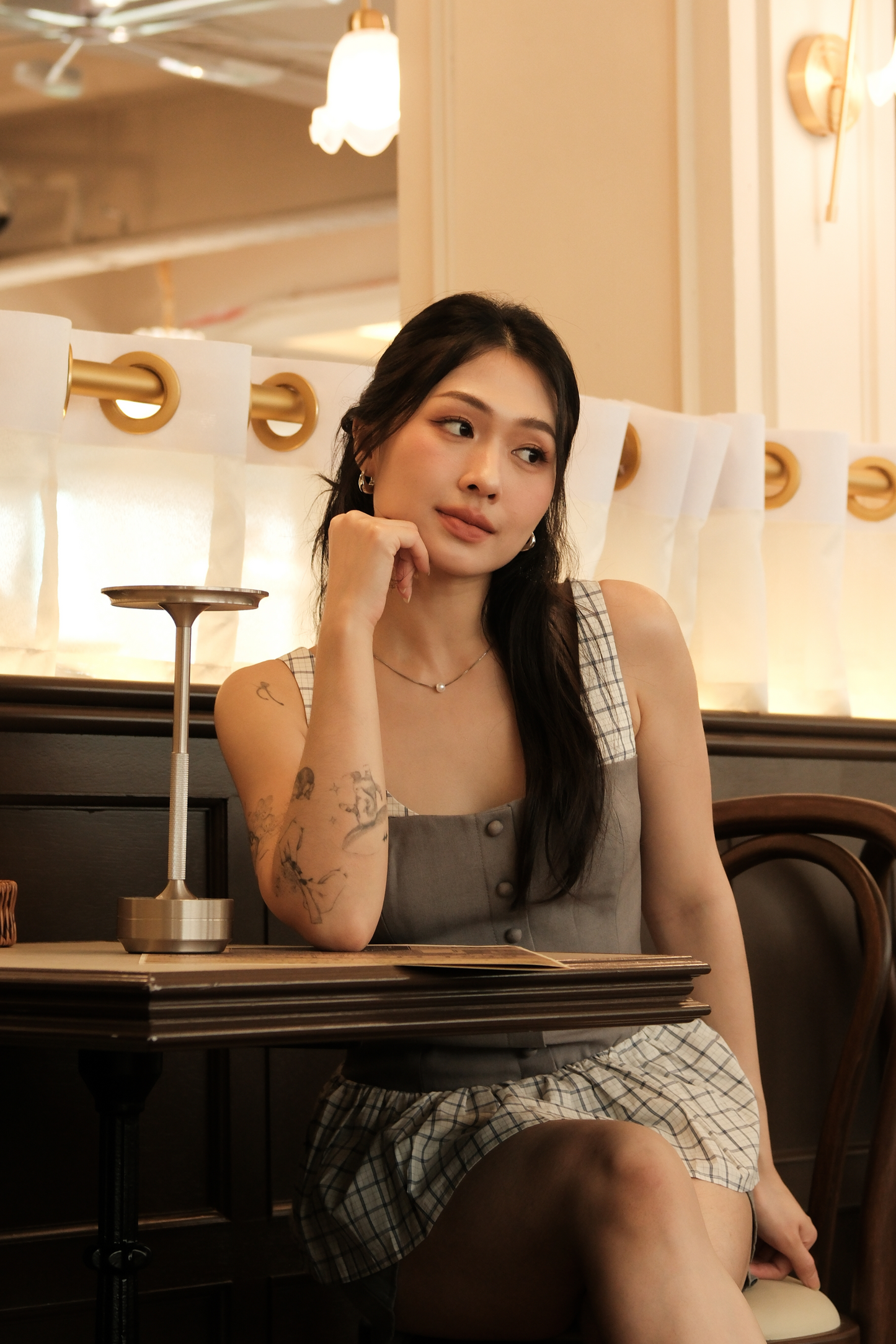 Clémence Checked Peplum Corset Top in Grey