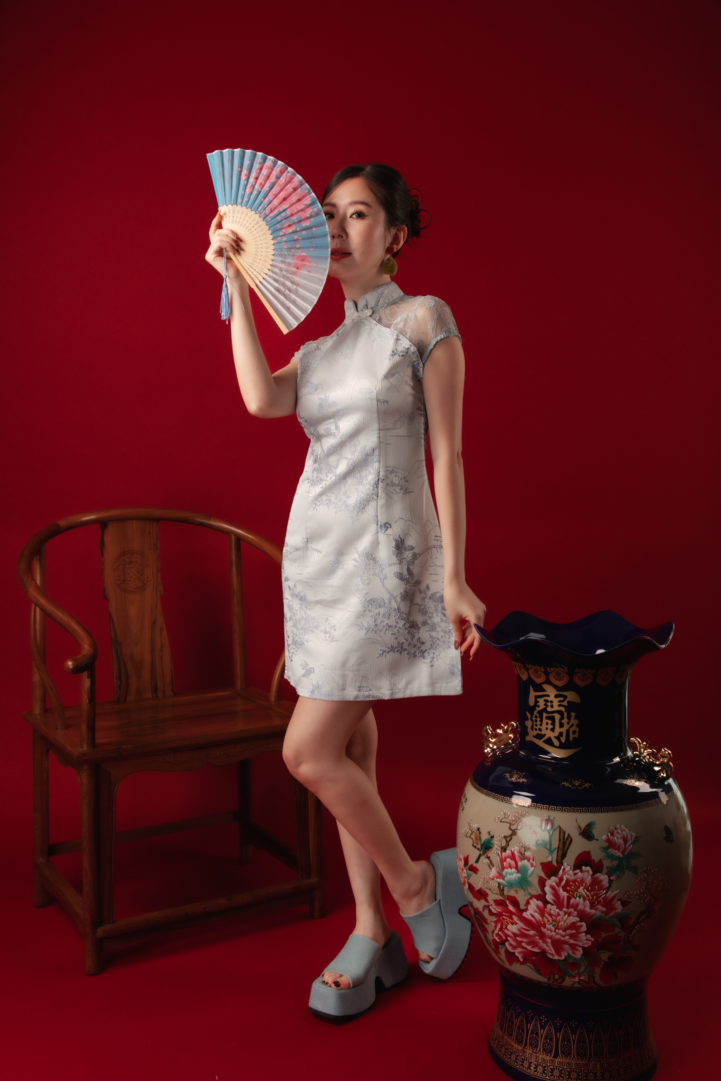 Azure Mist Lace Cheongsam Dress