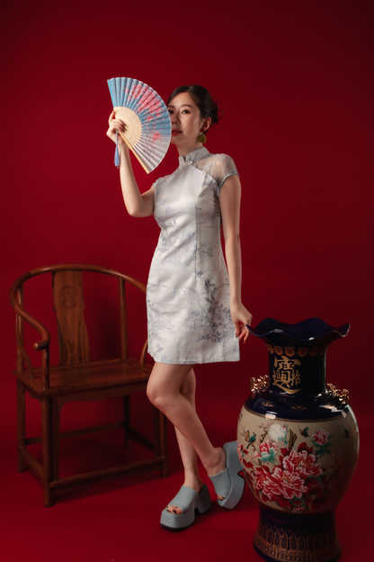 Azure Mist Lace Cheongsam Dress