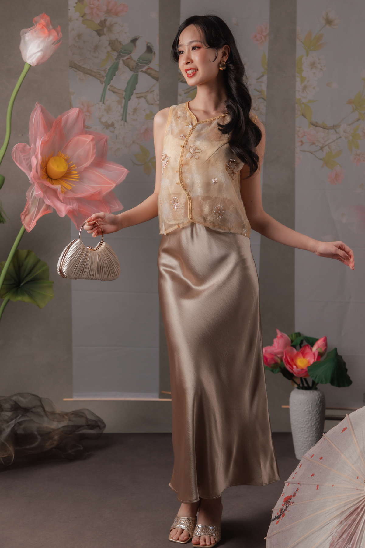 Ivy Dusk Satin Skirt in Champagne