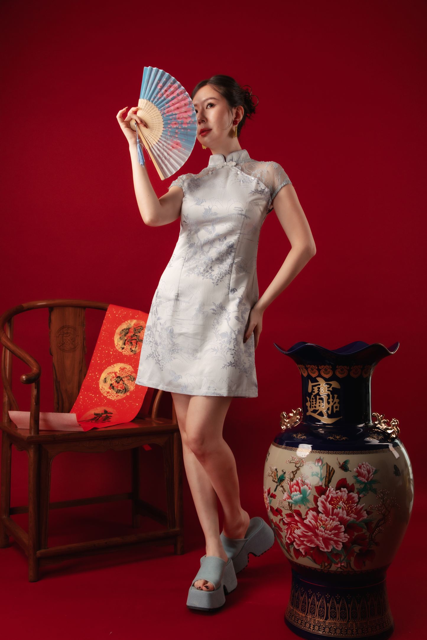 Azure Mist Lace Cheongsam Dress