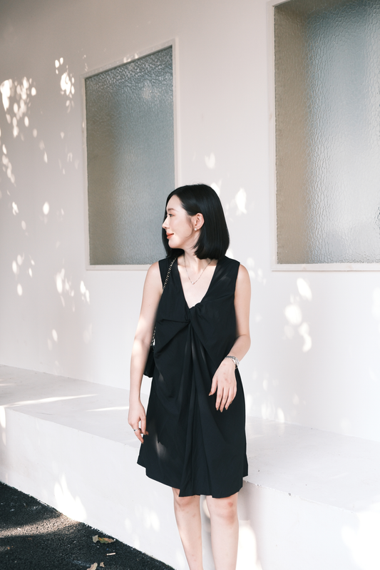 Kira Twist-Drape V-Neck Dress in Black