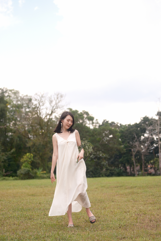 Clara Twist-Knot V-Neck Dress in Cream