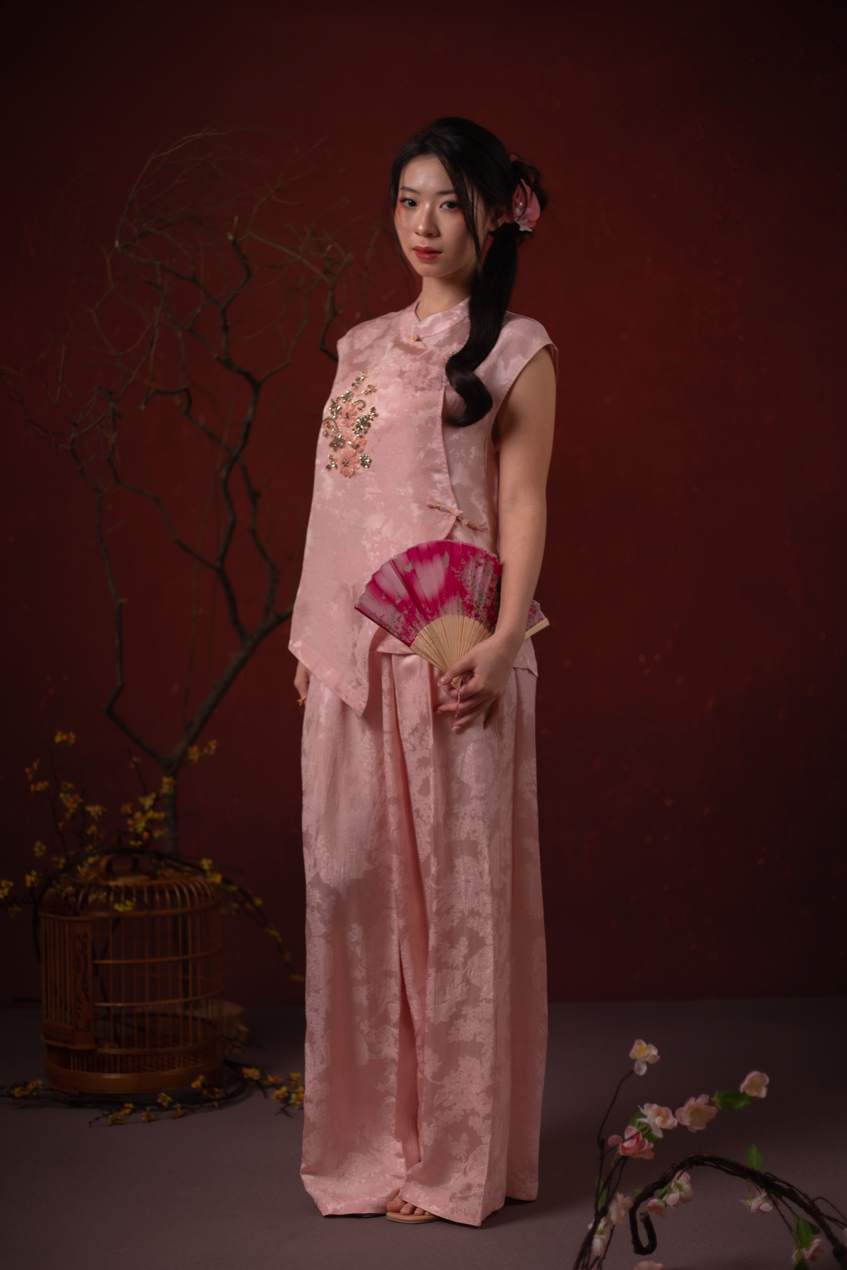 Sabine Emblem Cheongsam Top & Pants Set in Blush Pink