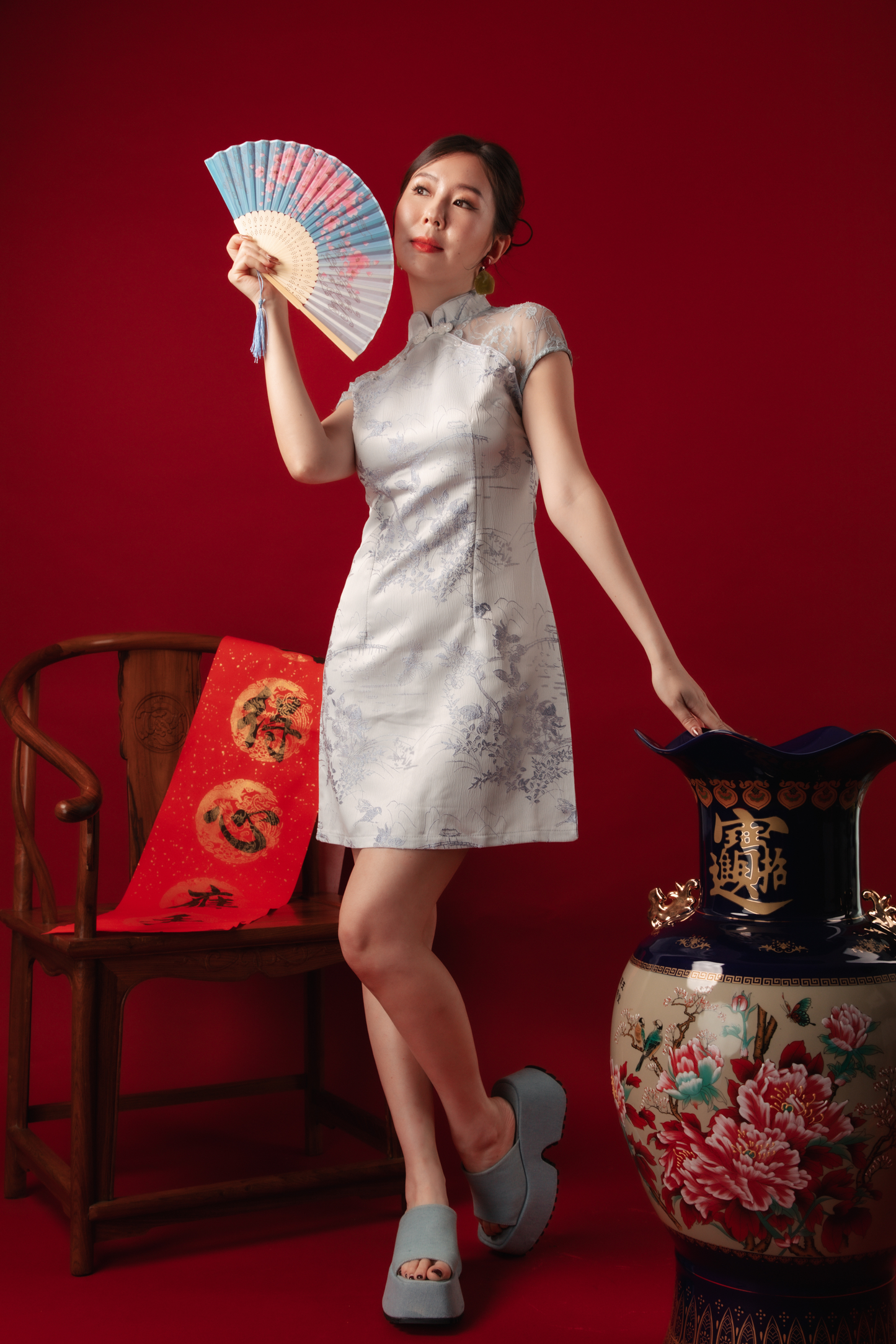 Azure Mist Lace Cheongsam Dress