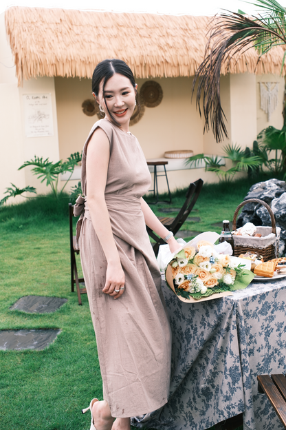 Renée Draped Tie-Waist Maxi Dress in Light Brown