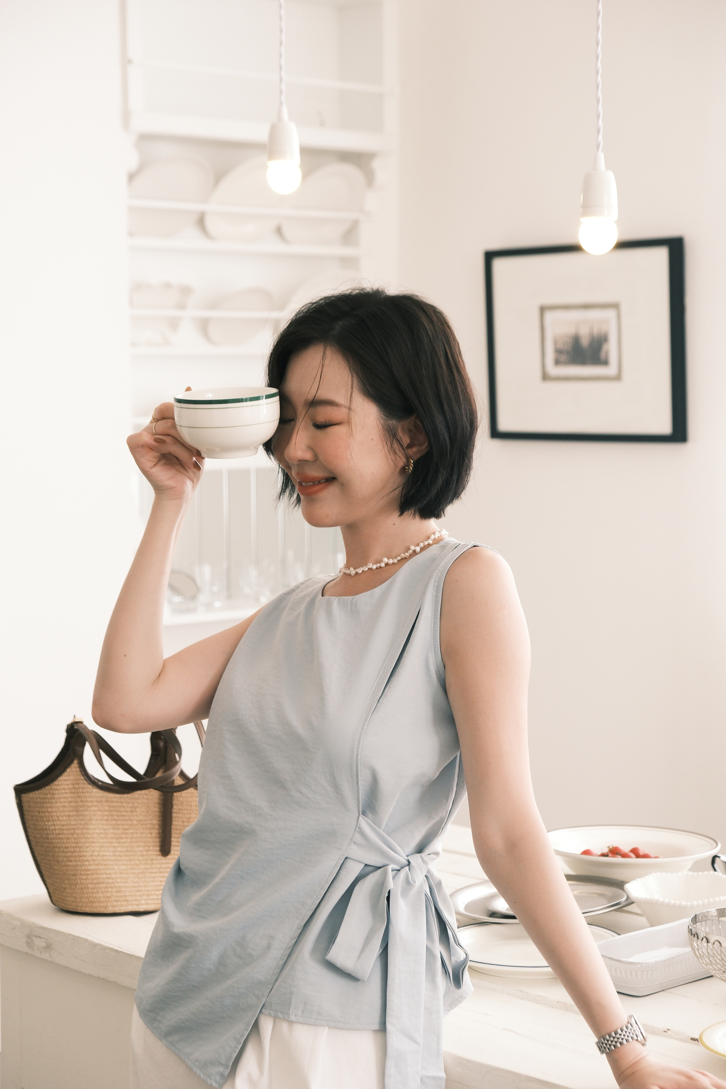 Arden Side-Tie Draped Top in Light Blue