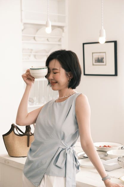 Arden Side-Tie Draped Top in Light Blue