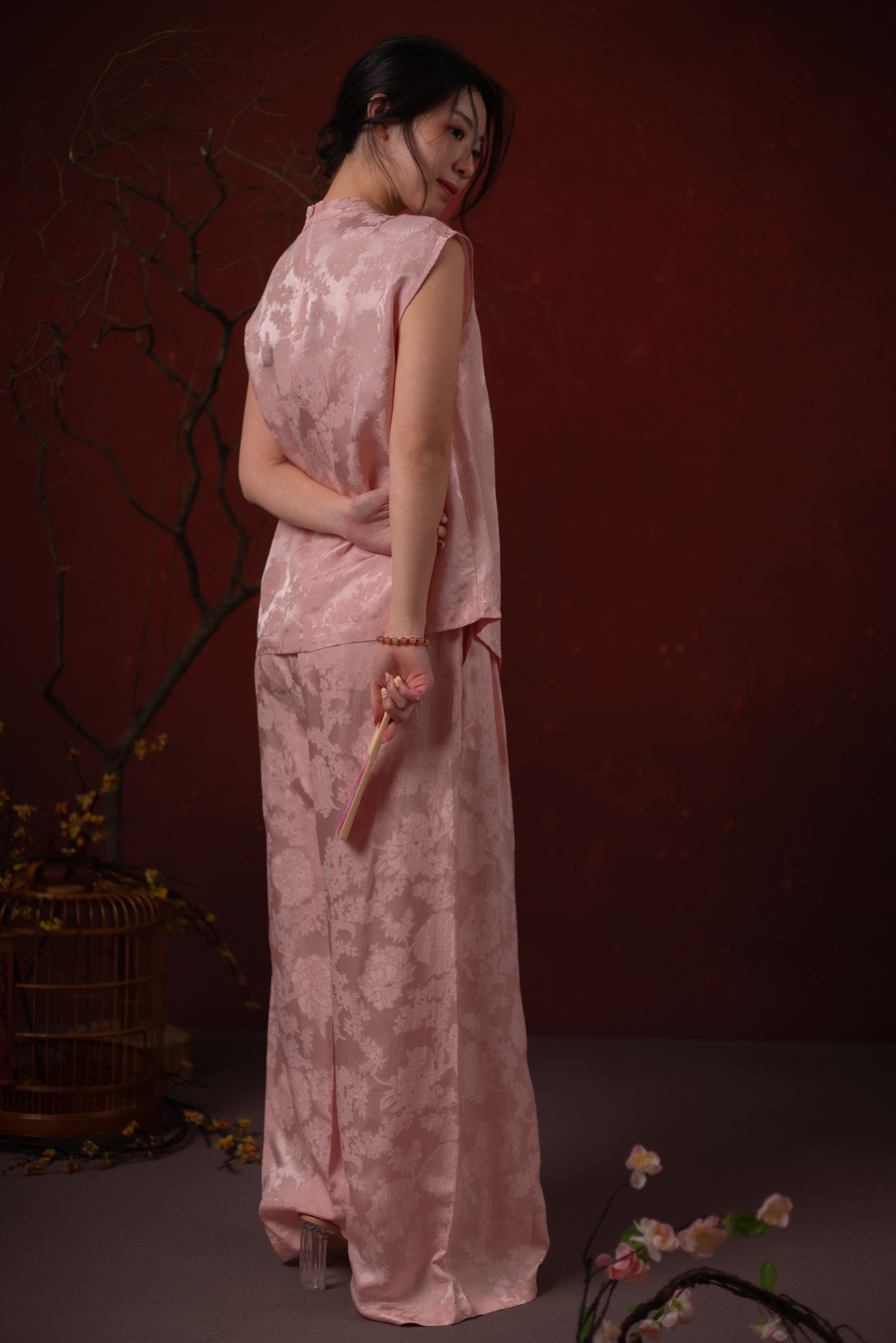 Sabine Emblem Cheongsam Top & Pants Set in Blush Pink
