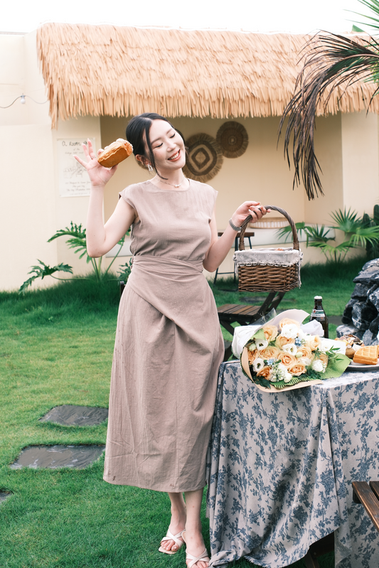 Renée Draped Tie-Waist Maxi Dress in Light Brown