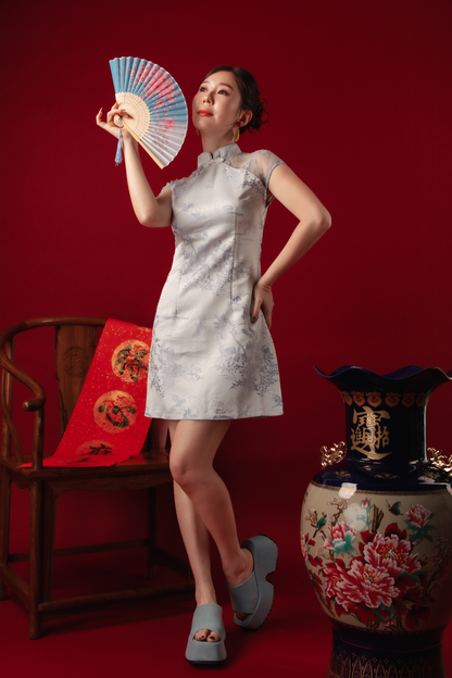 Azure Mist Lace Cheongsam Dress