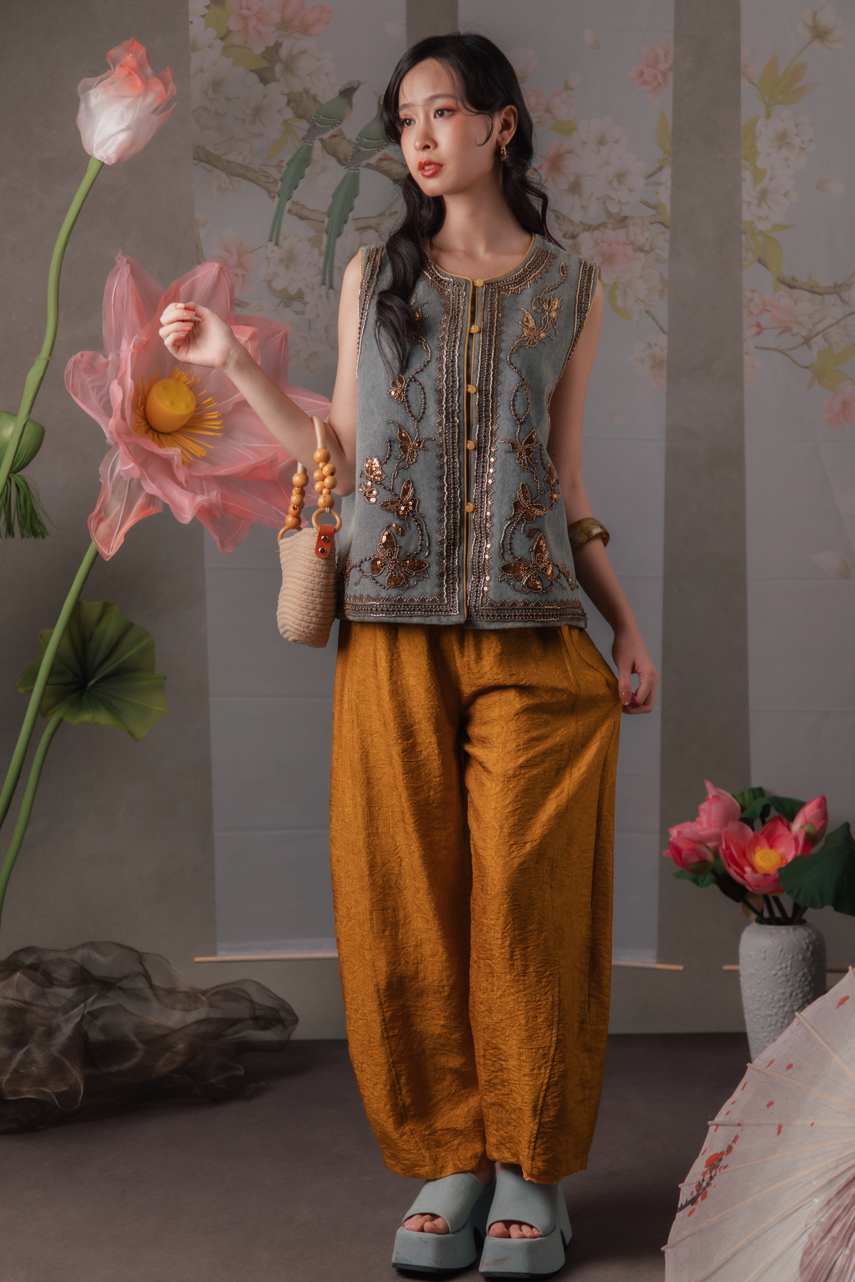 Vera Textured Maxi Pants in Mustard