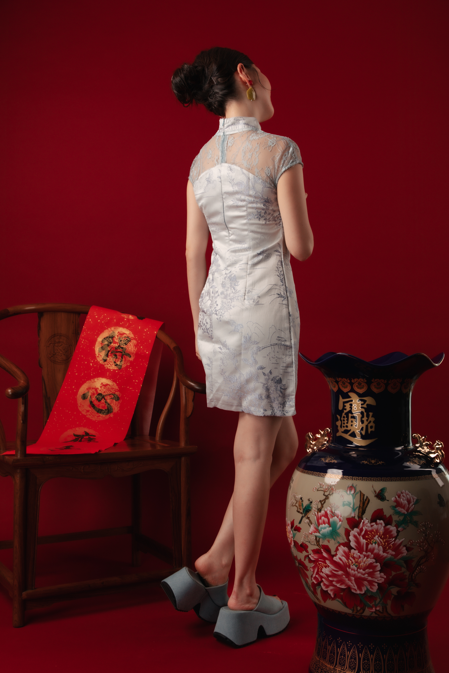 Azure Mist Lace Cheongsam Dress