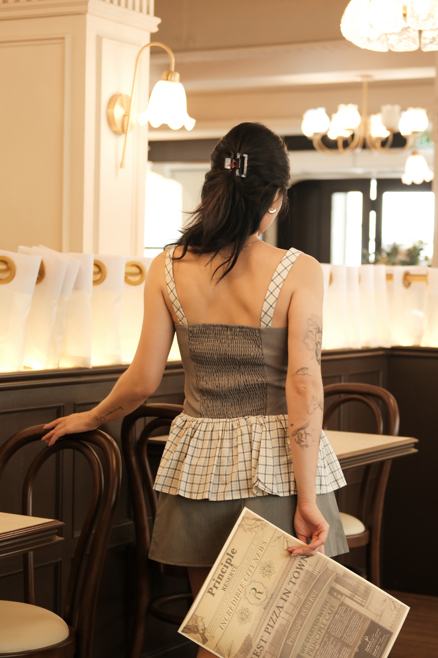 Clémence Checked Peplum Corset Top in Grey