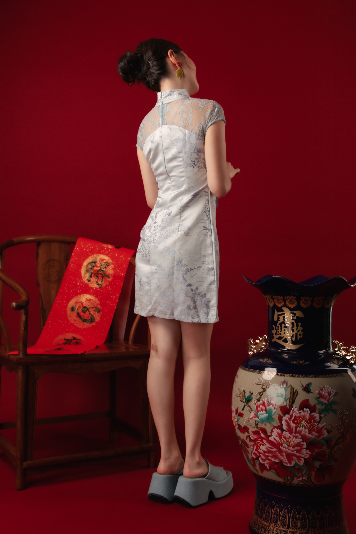 Azure Mist Lace Cheongsam Dress