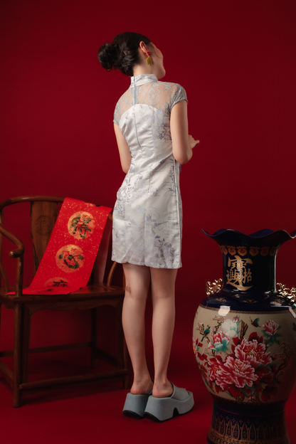 Azure Mist Lace Cheongsam Dress