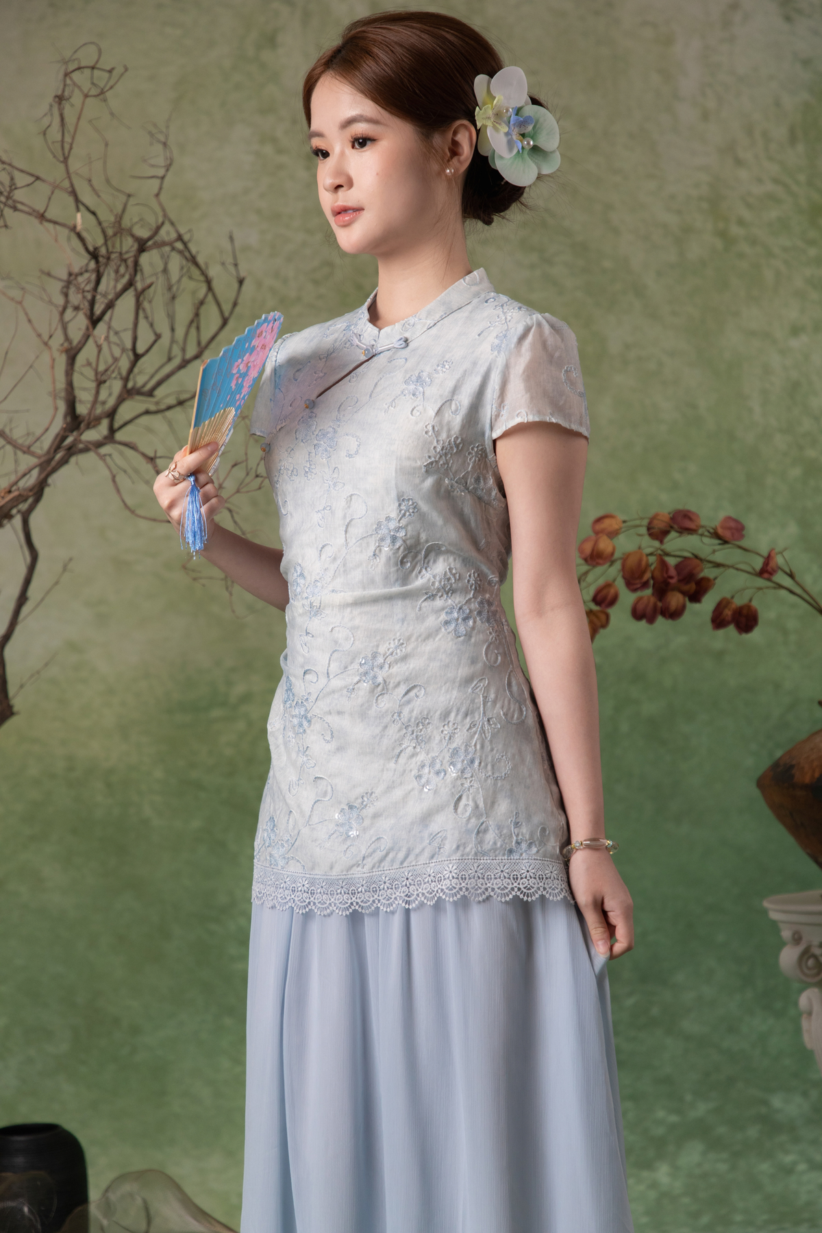 Amara Cheongsam Dress in Light Blue