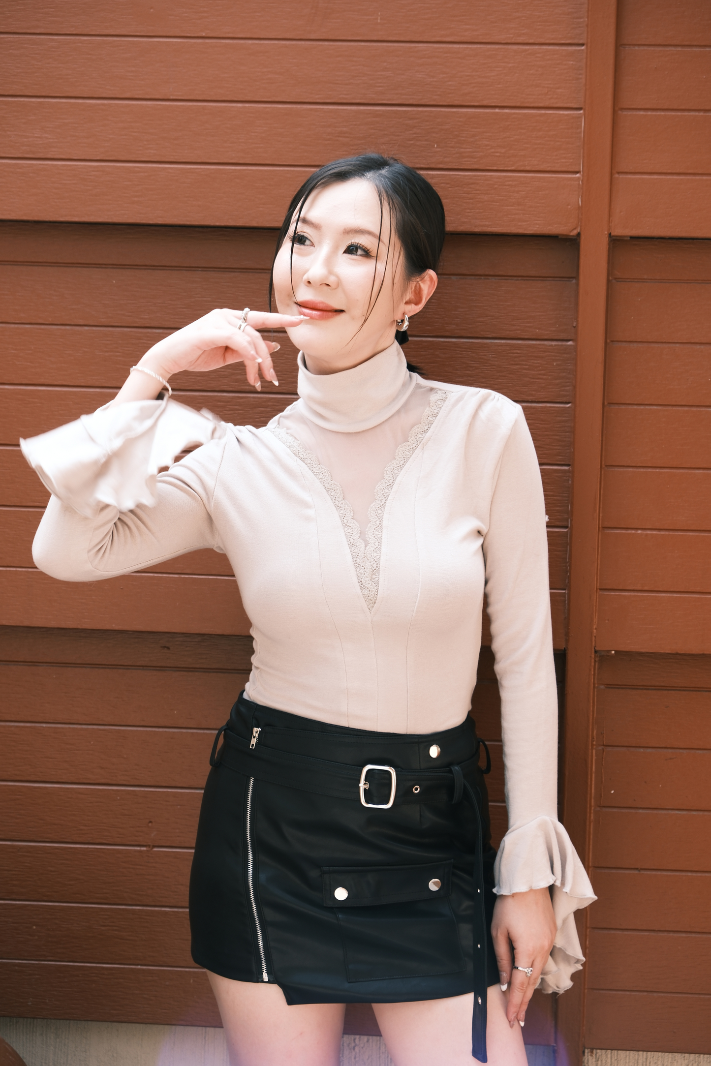 Serene Lace Trim Bell Sleeve Top in Light Grey