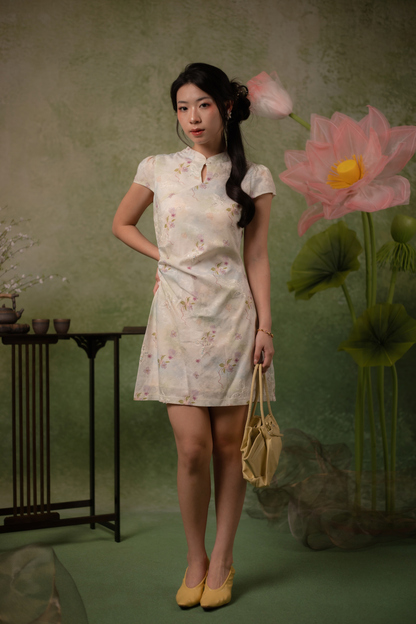 Orchid Butterfly Cheongsam Dress in Pale Champagne