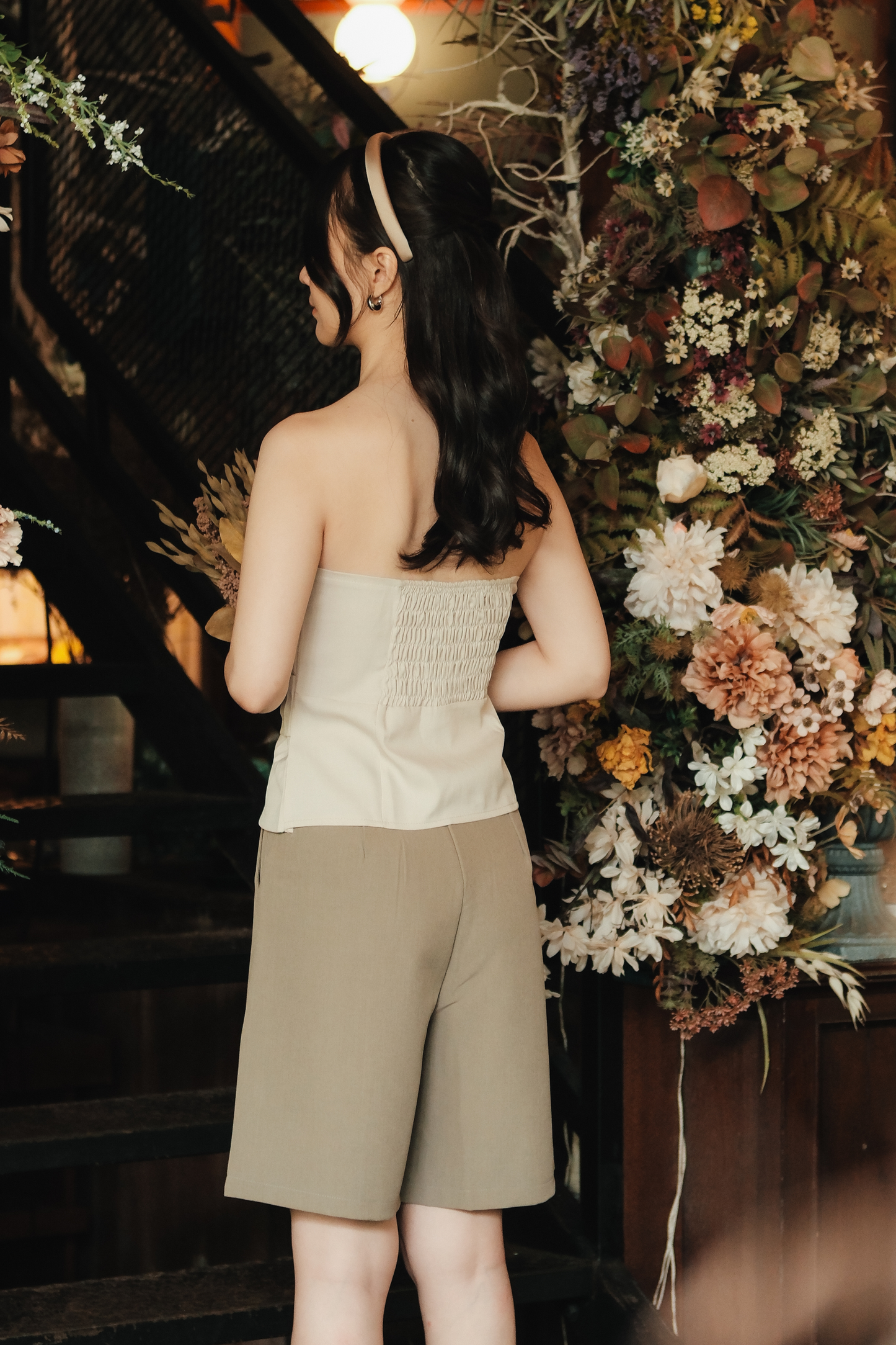 Isaline Ruched Back Tube Blouse in Beige