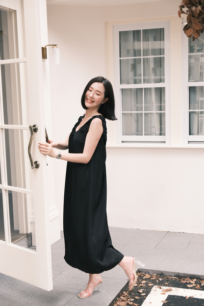 Lumière Ruched Satin Slip Dress in Black