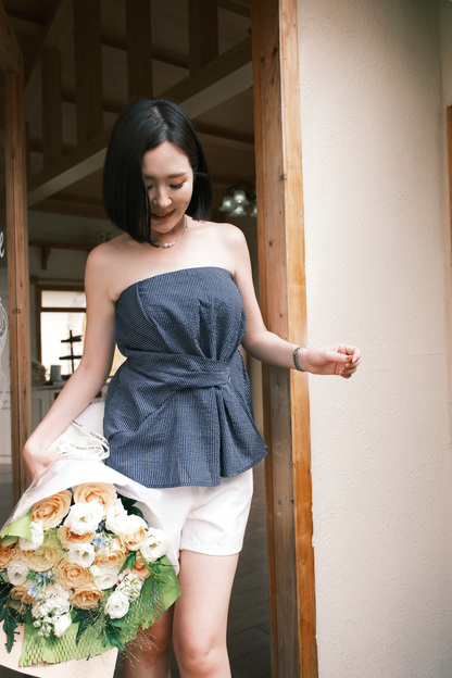 Éloise Strapless Pinstripe Peplum Top in Blue