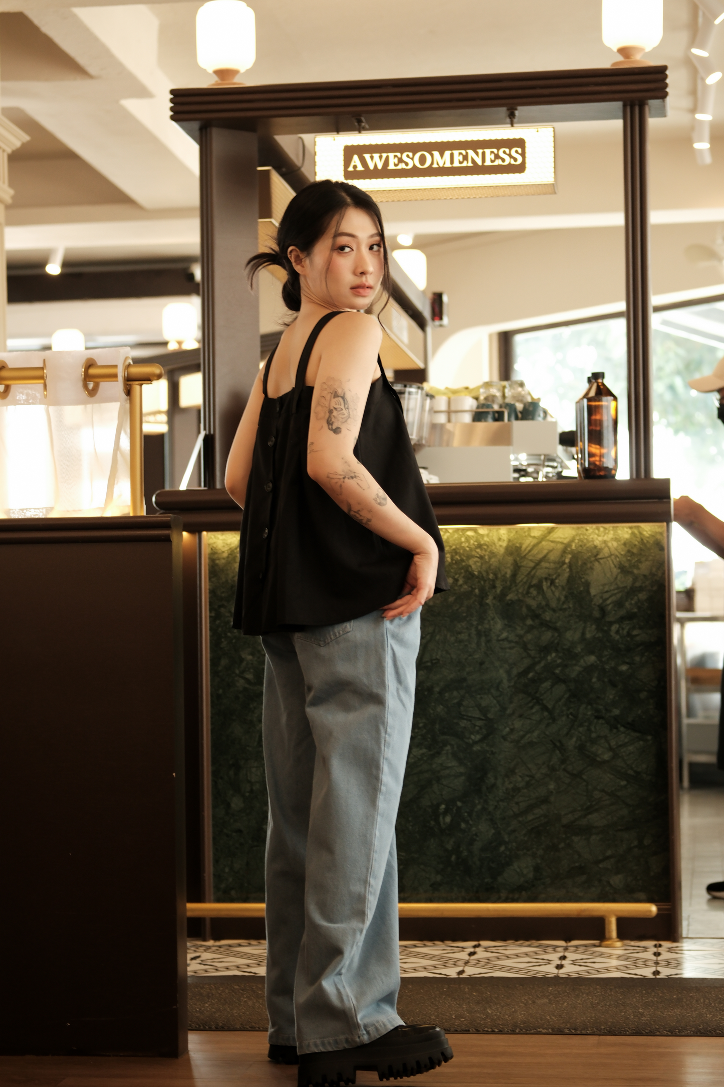 Sabine Button-Front Swing Cami Top in Black