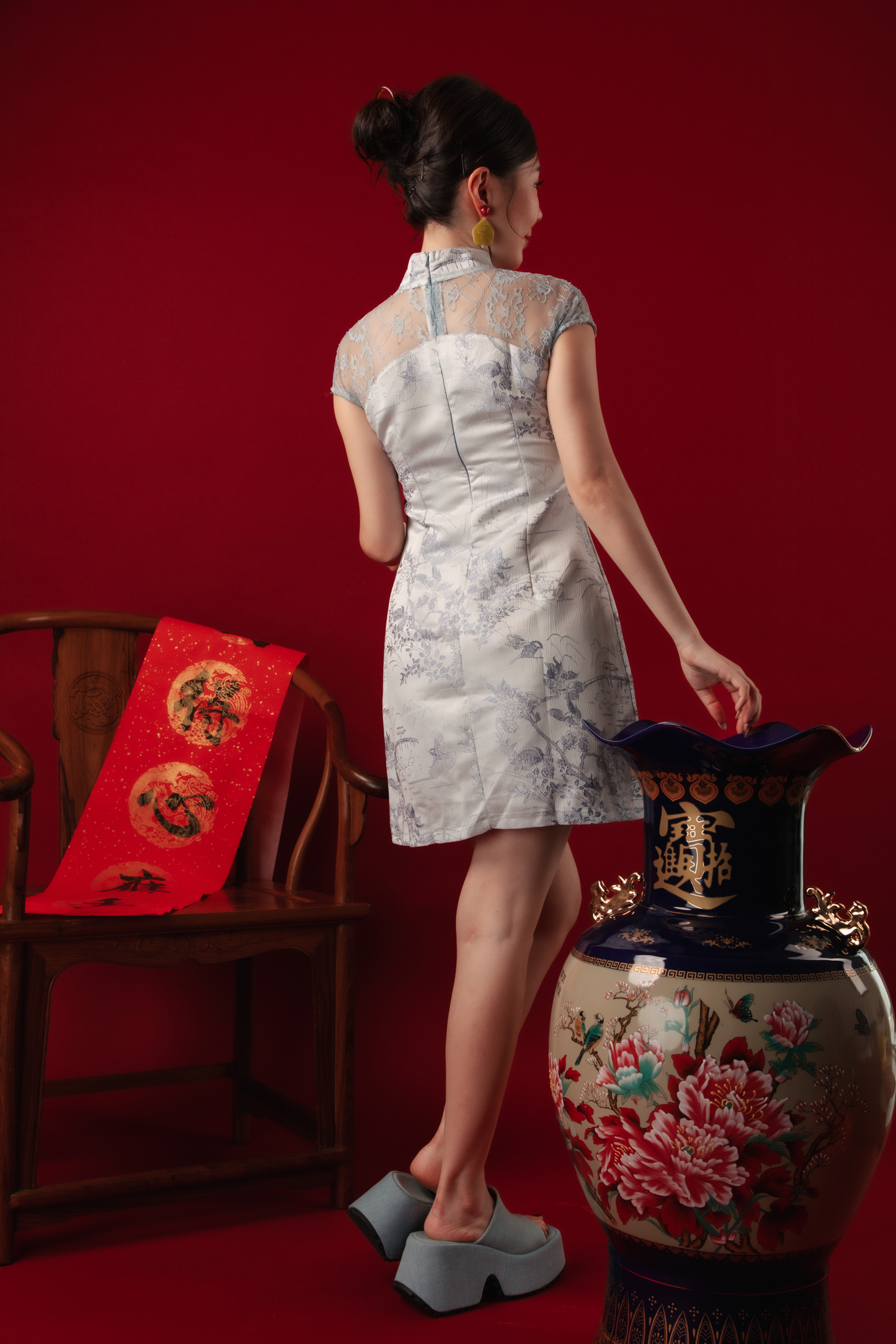 Azure Mist Lace Cheongsam Dress