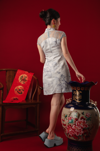 Azure Mist Lace Cheongsam Dress