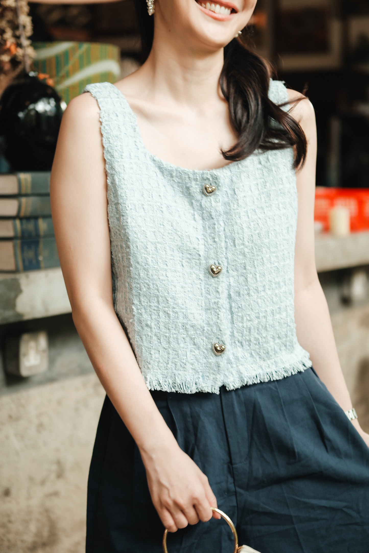 Amélie Tweed Fringe Vest in Baby Blue
