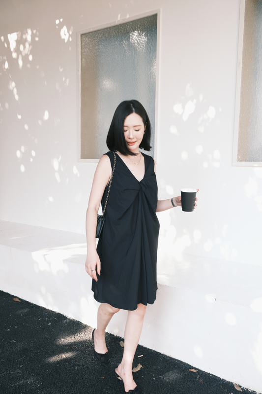 Kira Twist-Drape V-Neck Dress in Black