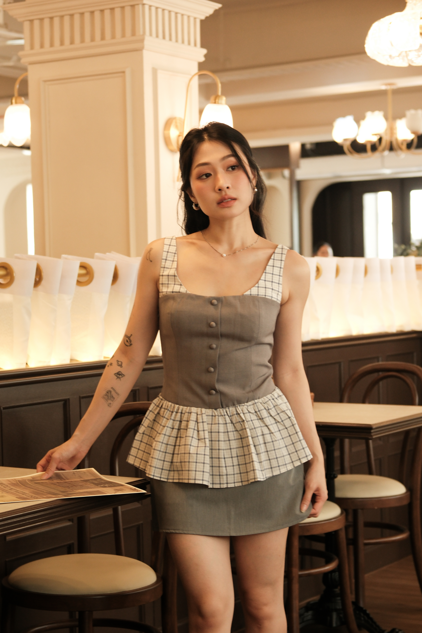 Clémence Checked Peplum Corset Top in Grey