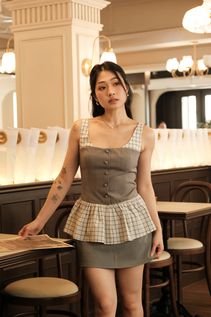 Clémence Checked Peplum Corset Top in Grey