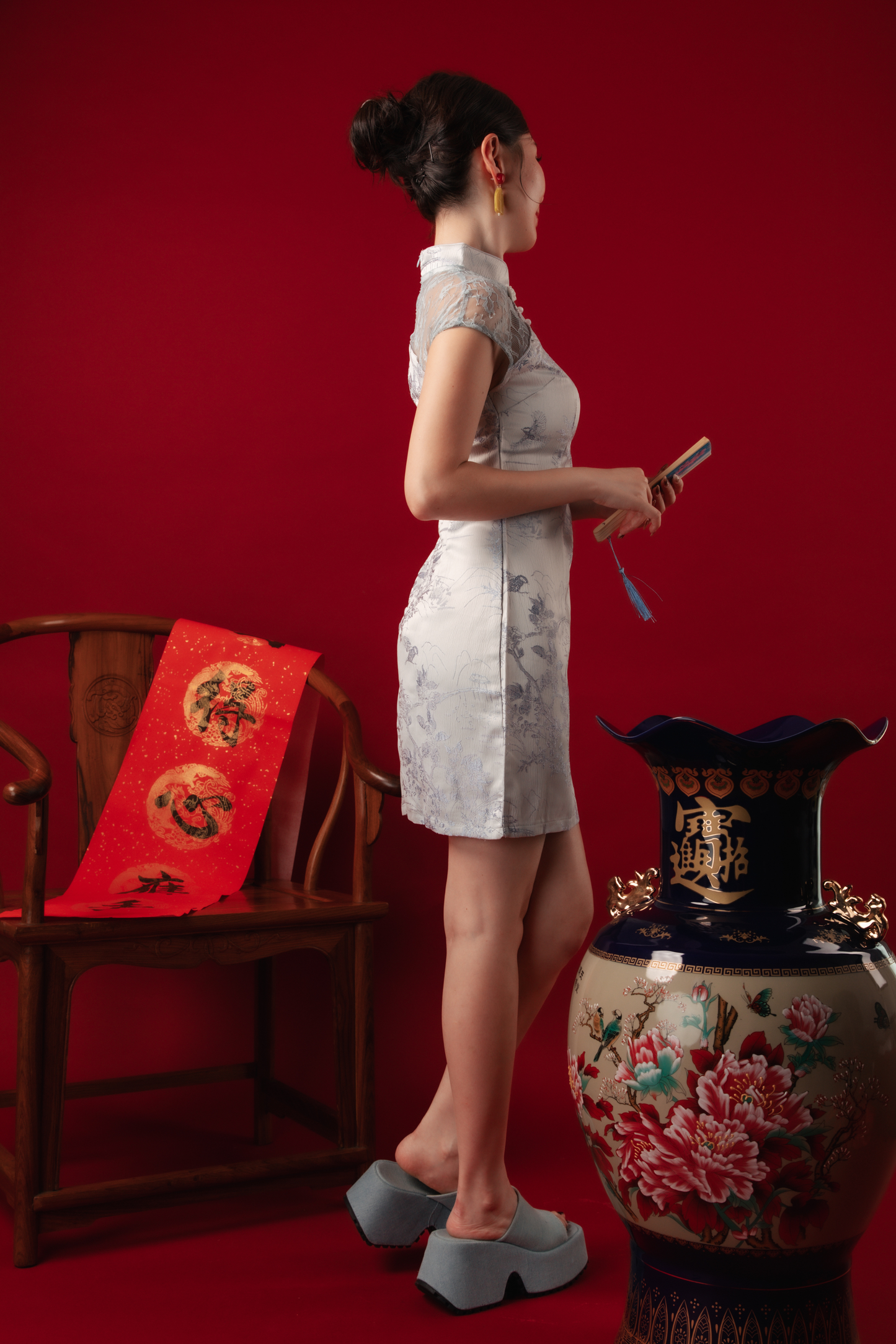 Azure Mist Lace Cheongsam Dress